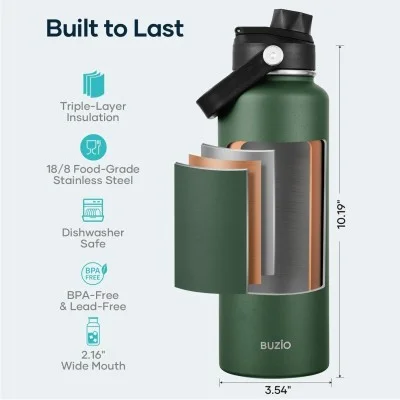 Buzio Duet Series Water Bottle with 2 Lids and Sleeve 1.2L - Dark Green